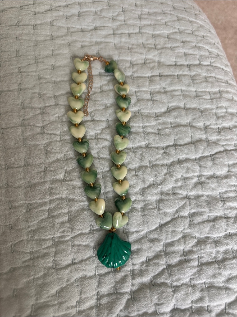 Green Heart Bead Necklace with Teal Shell Pendant
